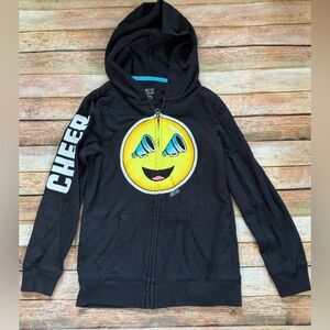 Black Kids Zip-Up Hoodie with Yellow Smiley Graphic